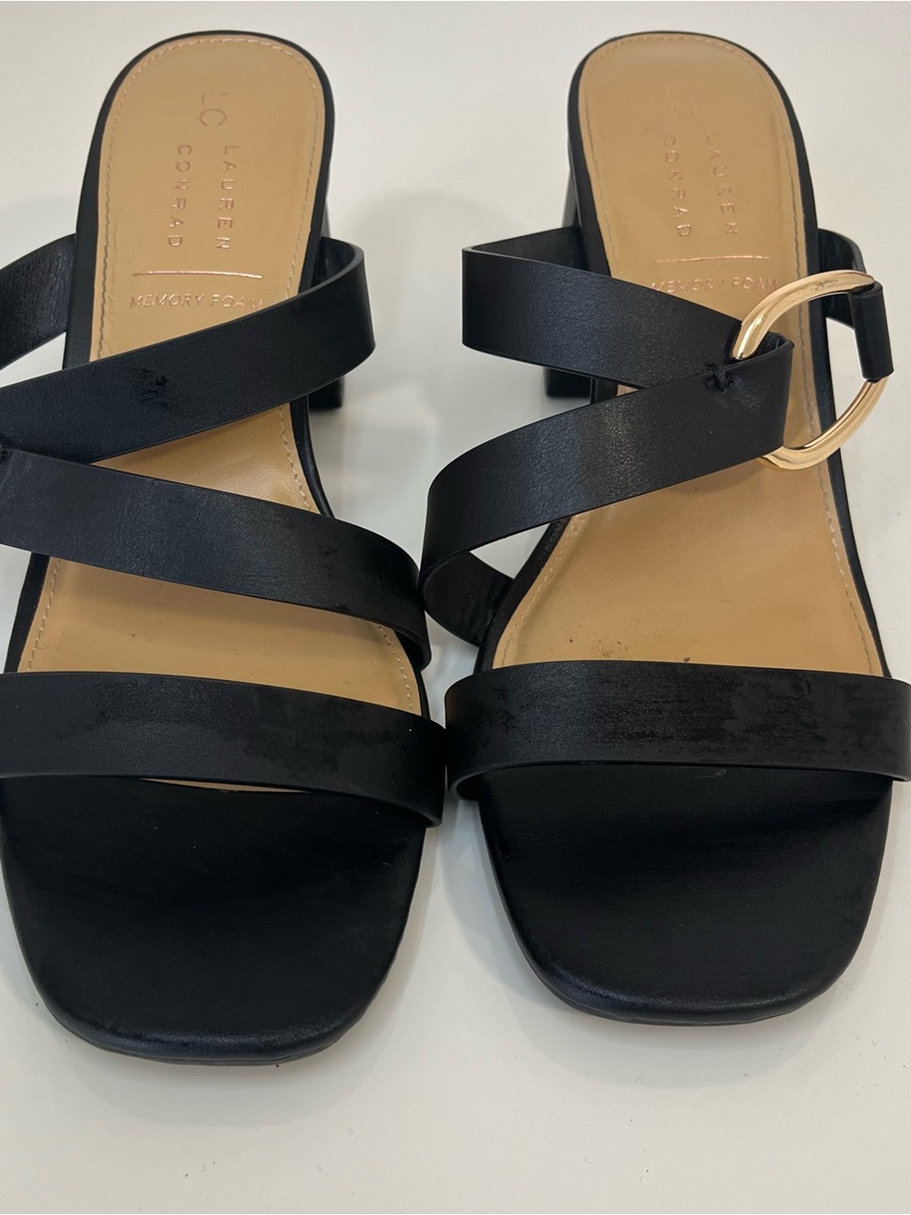 Lauren Conrad Black Strappy Slide Sandals Size 9 2 in Heel